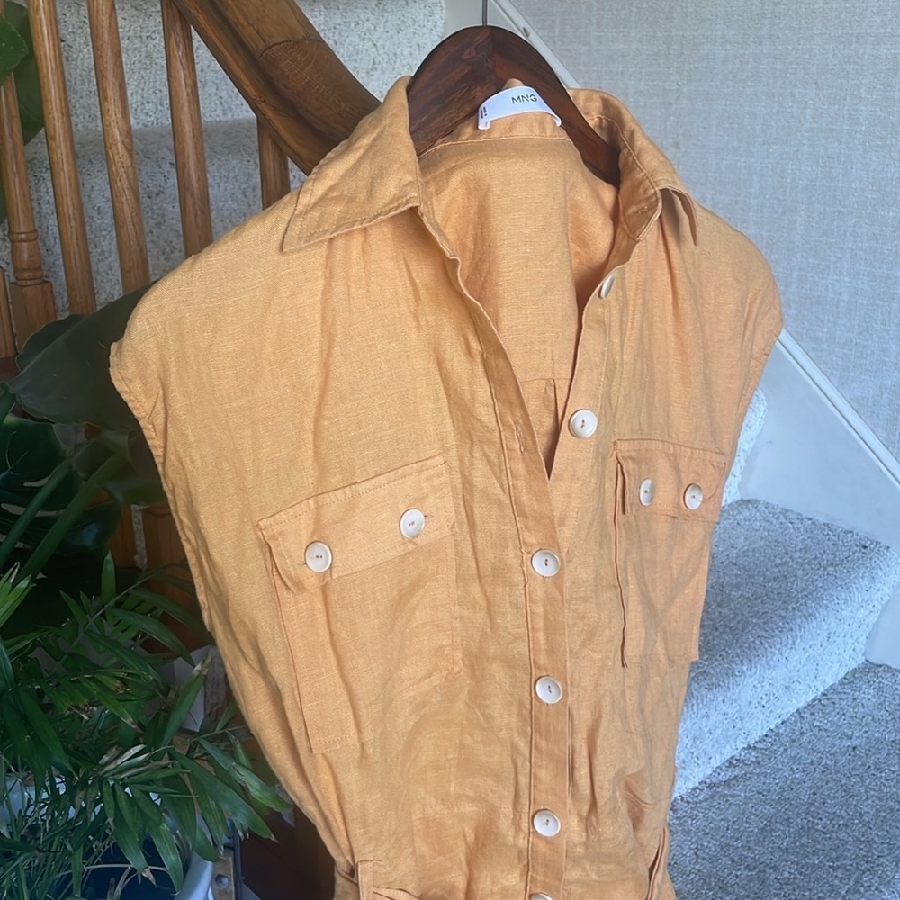 Mng Pure Linen Orange Button-Up Utility Dress Wit… - image 2